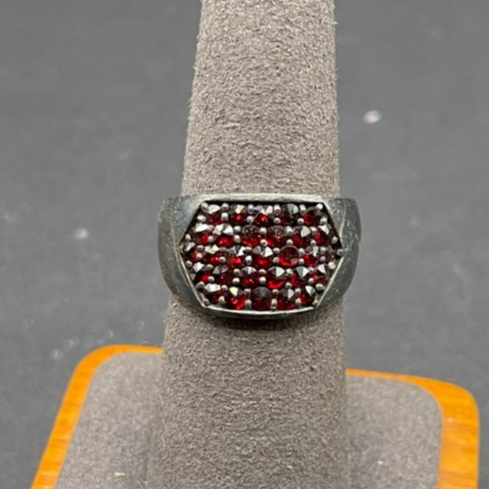 Vintage Sterling Silver 925 Pave Red Garnet Cluster Signet Ring Size 7